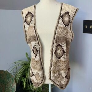 Crochet Button Up Sweater Vest Cream Tan Brown Bohemian Festival Large